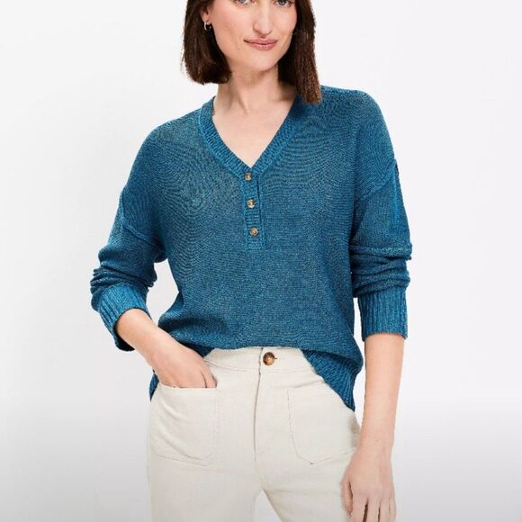 Loft Textured Stitch Henley Sweater Long Sleeve V-Neck Teal Women Large NWT - Picture 7 of 7